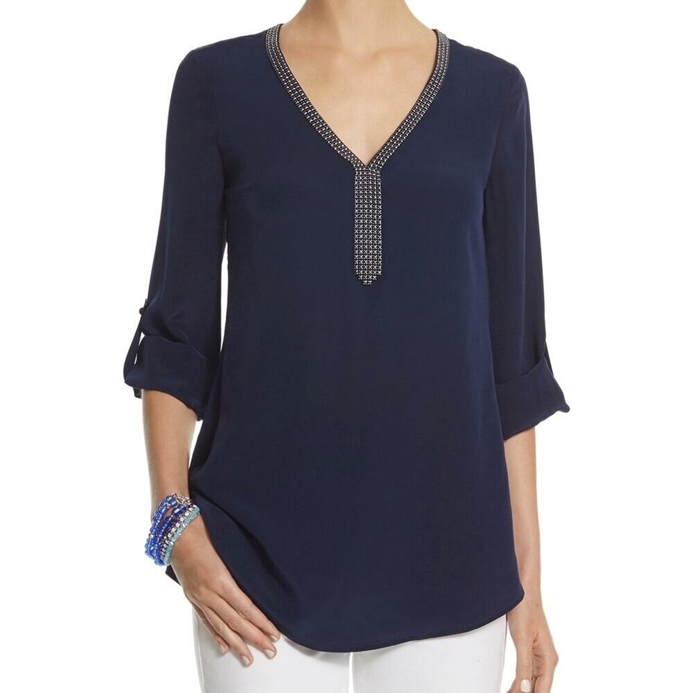 White House Black Market Beaded Silk Tunic Blue 0